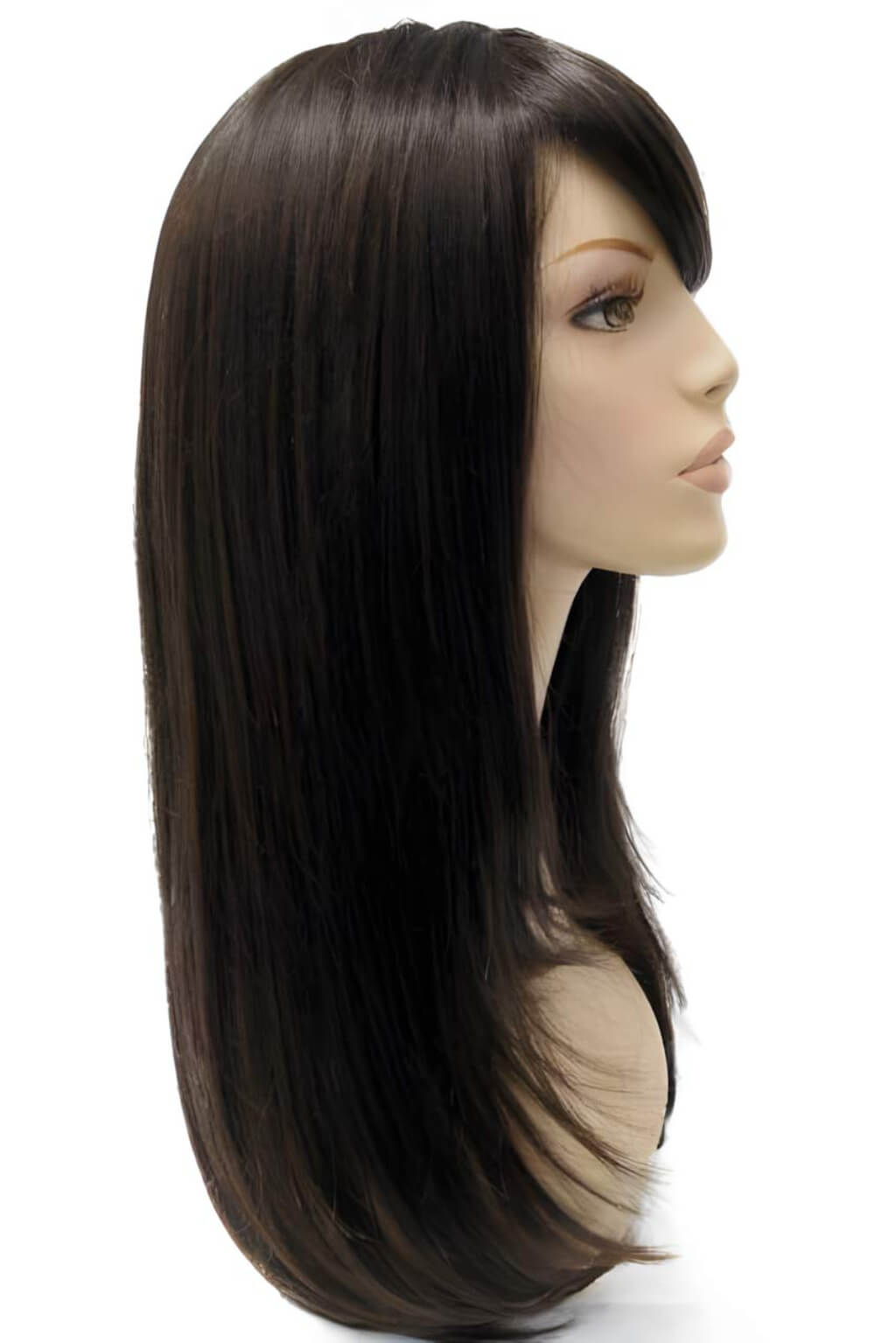 A shoulder-length straight wig with bangs on a mannequin head, shown in a dark brown colour against a plain white background. Long dark brown wig, layered face frame style: Lucy