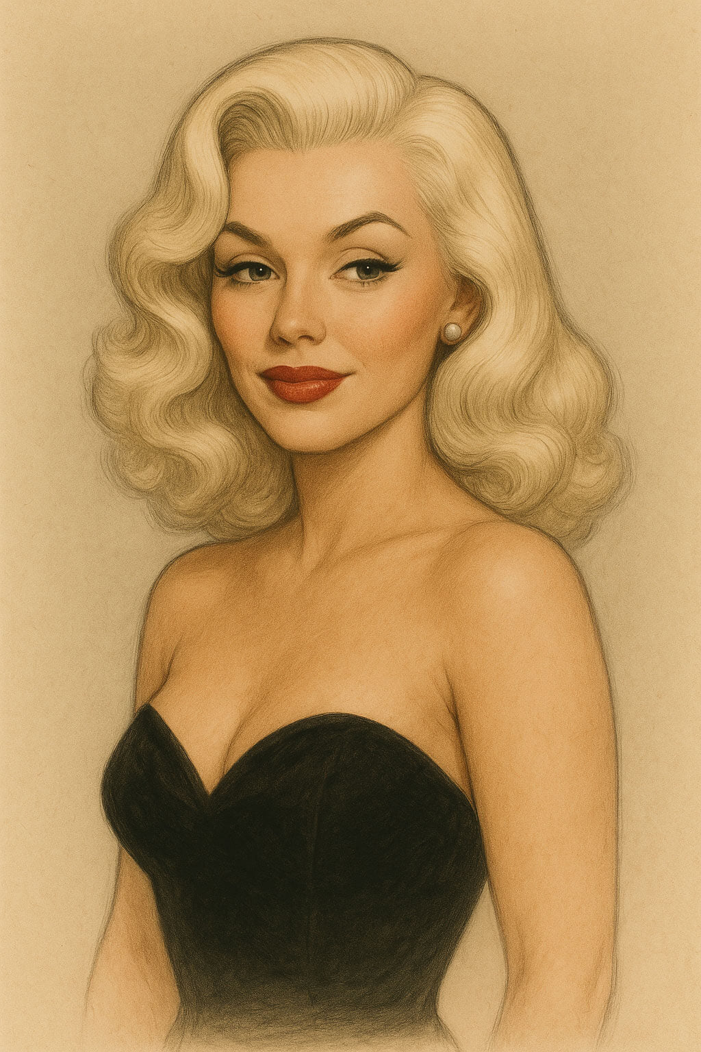 Artistic portrait of a woman with blonde hair and a black dress on a beige background