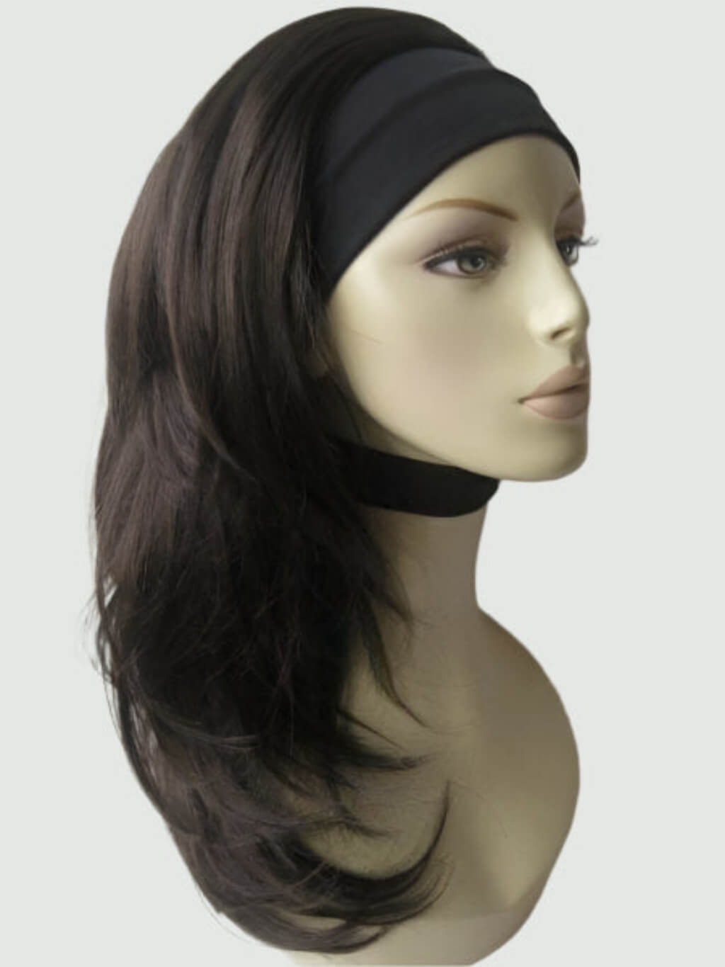 Mannequin head with dark brown wig and black headband on a white background. Brown half wig hairpiece (3/4 wig), gently layered: Briar dark brown 4