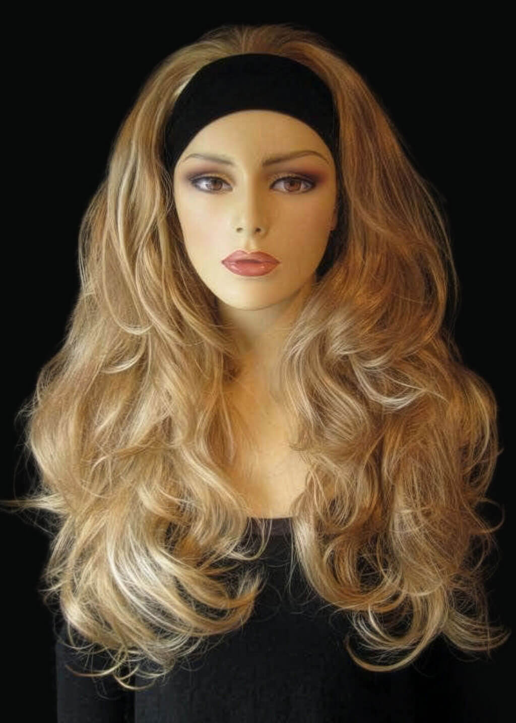 Mannequin head with long blonde wig and black headband on a black background. Long blonde 3/4 hairpiece (half wig), big loose curls: Zara wheatfield blonde 24H613