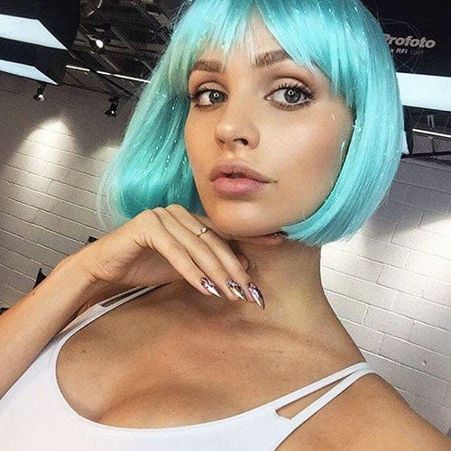 Turquoise bob wig  with full fringe: Iris