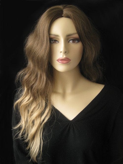 Dip dye chocolate brown and honey blonde wig long wavy wig with no fringe: Genevieve AnnabellesWigs