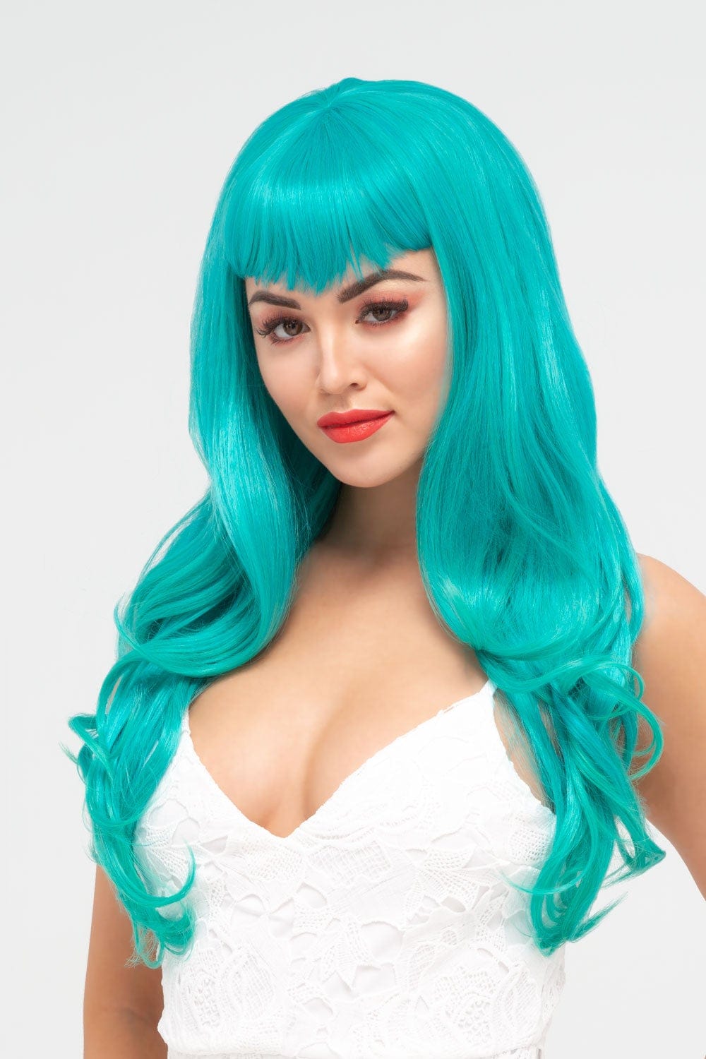 Annabelle's Wigs synthetic wig Long aqua green wig with gentle waves and vintage-style straight fringe: Natalie