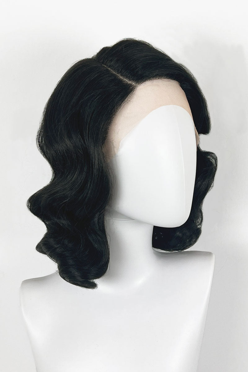 Black lacefront wig, pinup/vintage style, mid length with finger waves: Etta