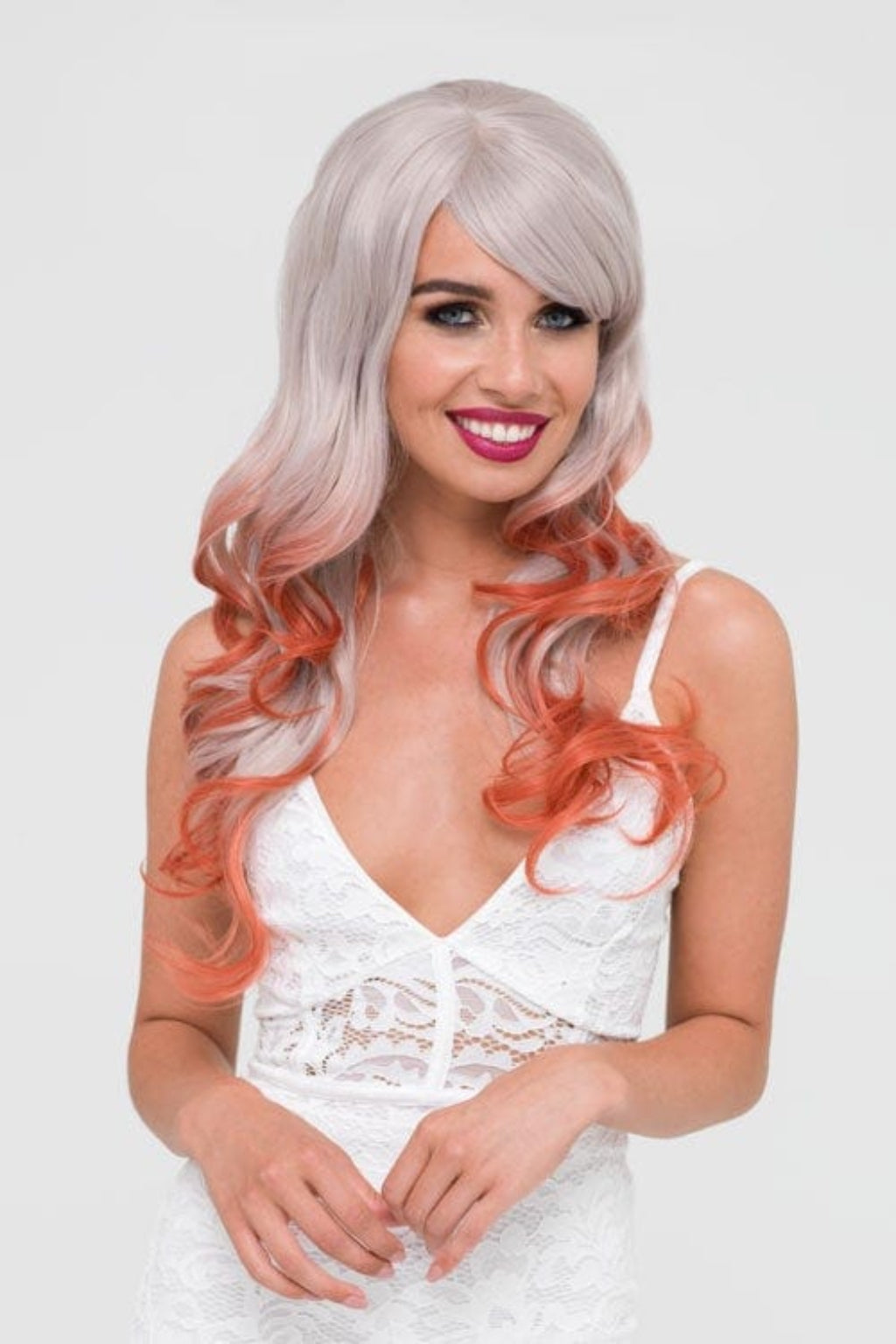Grey wig with red tips, long with loose curls: Zinnia 