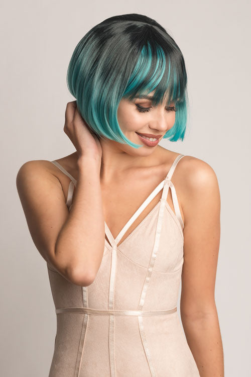Bob wig, black ombre blending to turquoise: Amara