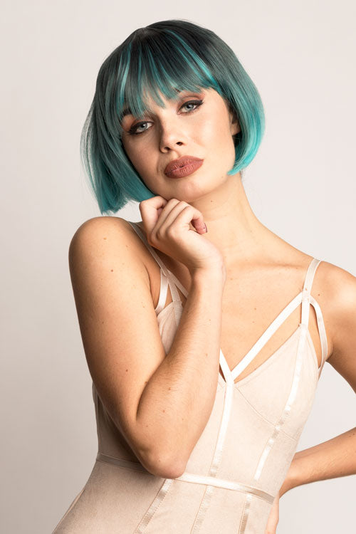 Bob wig, black ombre blending to turquoise: Amara