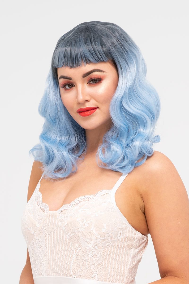 Black and blue pinup style wig, curled with short fringe: Luna AnnabellesWigs