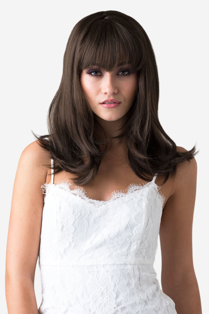 Brown long bob wig, layered with straight fringe: Katia