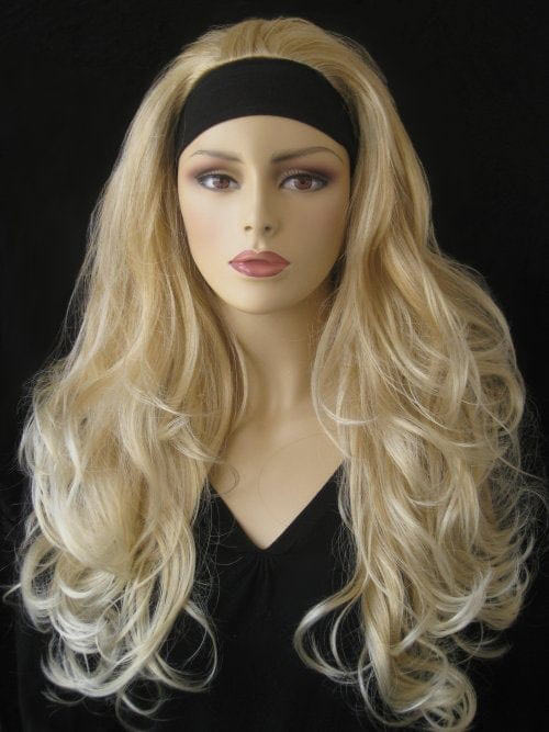 Long blonde 3/4 hairpiece (half wig), big loose curls: Zara blonde 24BT613